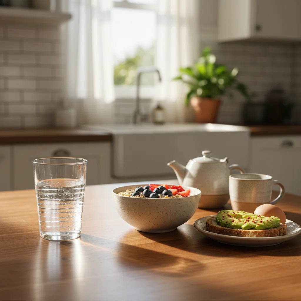 Anonyme Person von hinten mit Kaffeetasse in heller Küche - Morgenroutine Nahrungsergänzung Wohlbefinden