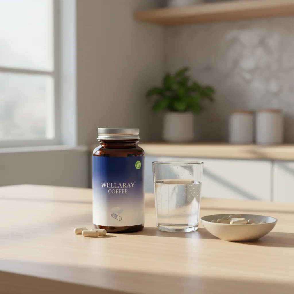 Einzelsachet Wellaray Coffee neben Espressotasse - Kaffee Nahrungsergänzungsmittel Detail